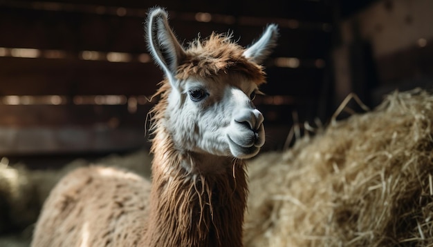 Fluffy alpaca grazes in rural meadow pasture generated by AI