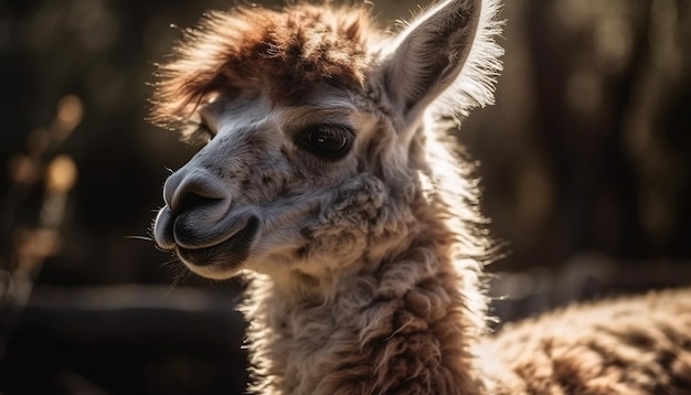 Fluffy alpaca looking at camera in pasture generated by AI