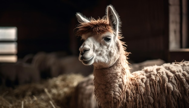 Fluffy alpaca poses for portrait in meadow generated by AI