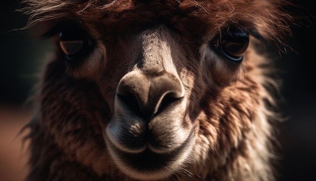 Fluffy alpaca stares at camera with humor generated by AI