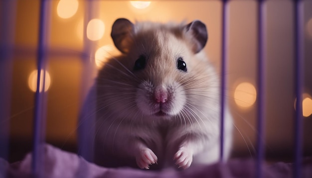 Fluffy baby rabbit sitting in dark cage generated by AI