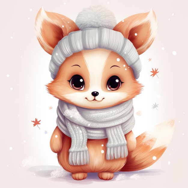 Fluffy beautiful fox in warm clothes on a white background