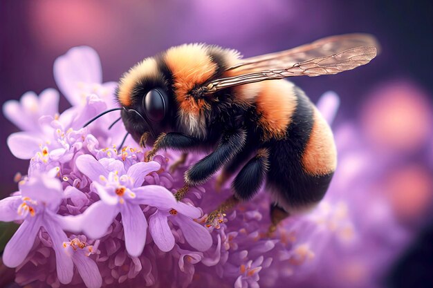 Fluffy bee sitting on delicate lilac petals bee flower created with generative ai