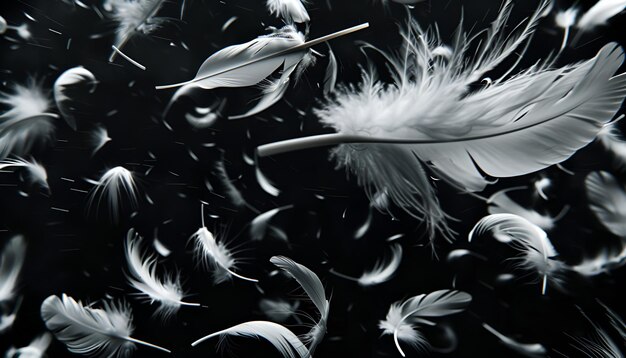 Photo fluffy bird feathers falling on black background