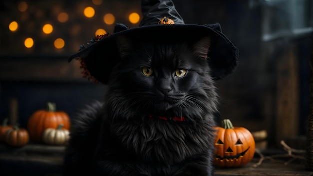 Photo fluffy black cat wearing a halloween witch hat in a room with carved pumpkins