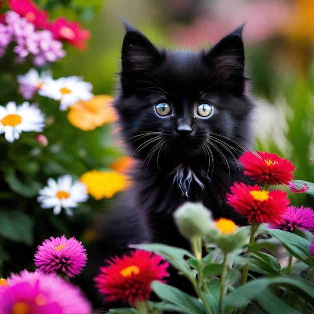 A fluffy black kitten in a colorful garden