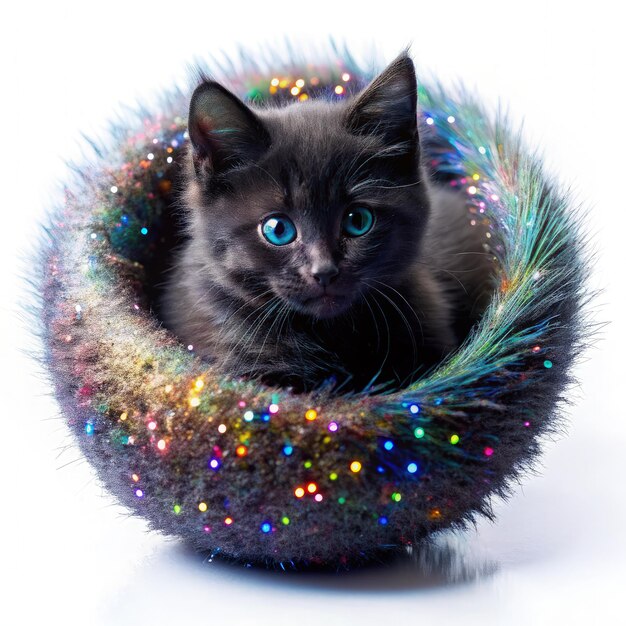 Photo fluffy black kitten nestled comfortably in a sparkling cozy bed during daylight hours generative ai