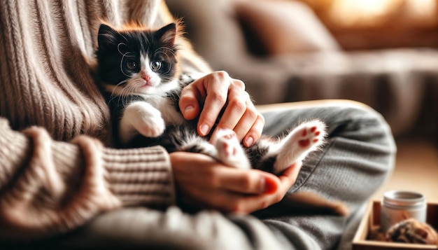 Fluffy black and white kitten relaxing in person39s lap surrounded by cozy blankets