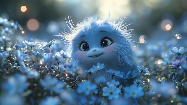 Photo a fluffy blue creature smiles in a field of blue flowers at sunset