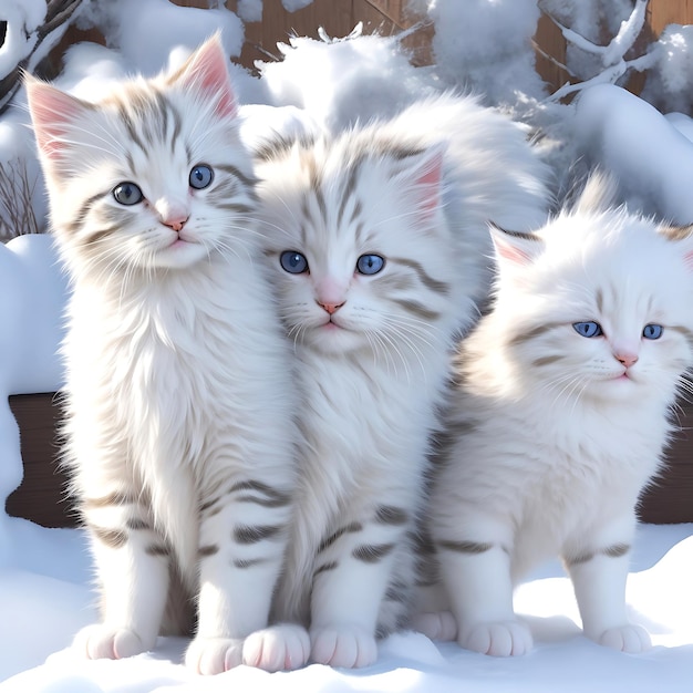 Fluffy bright kitten sitting in the snow looking up in the winter