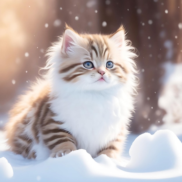 Fluffy bright kitten sitting in the snow looking up in the winter