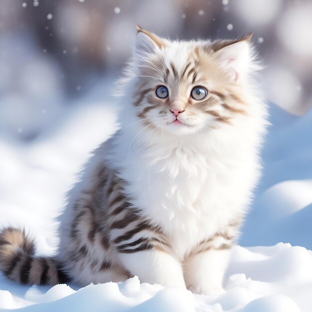 Fluffy bright kitten sitting in the snow looking up in the winter