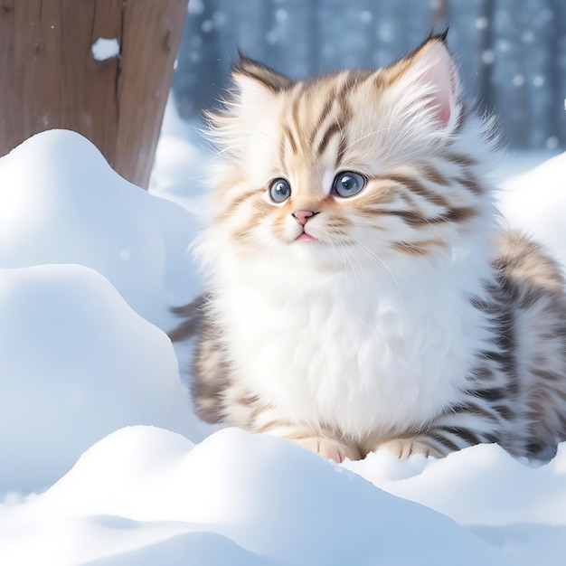 Fluffy bright kitten sitting in the snow looking up in the winter