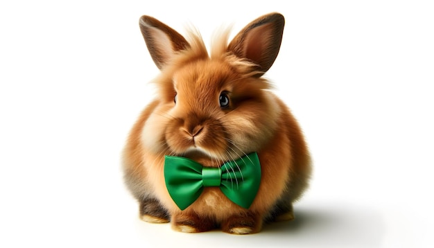 A fluffy brown rabbit with a green bow tie sits poised against a white background