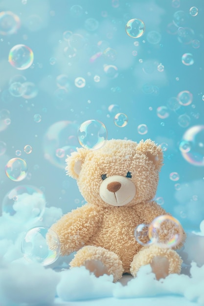 Fluffy Brown Teddy Bear Surrounded by Bubbles on Blue Background