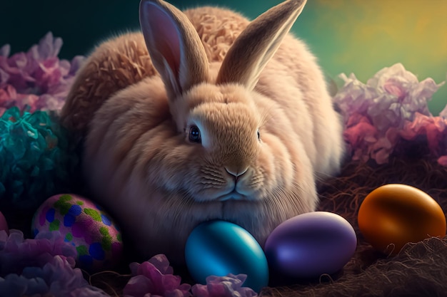 fluffy bunny with colored easter eggs with nature background. AI generated