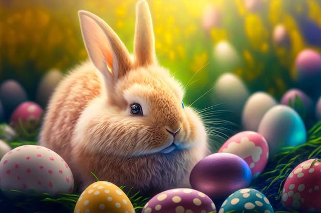 fluffy bunny with colored easter eggs with nature background. AI generated