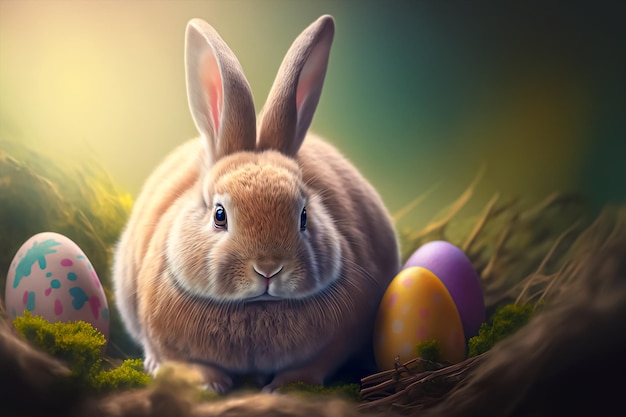 fluffy bunny with colored easter eggs with nature background. AI generated