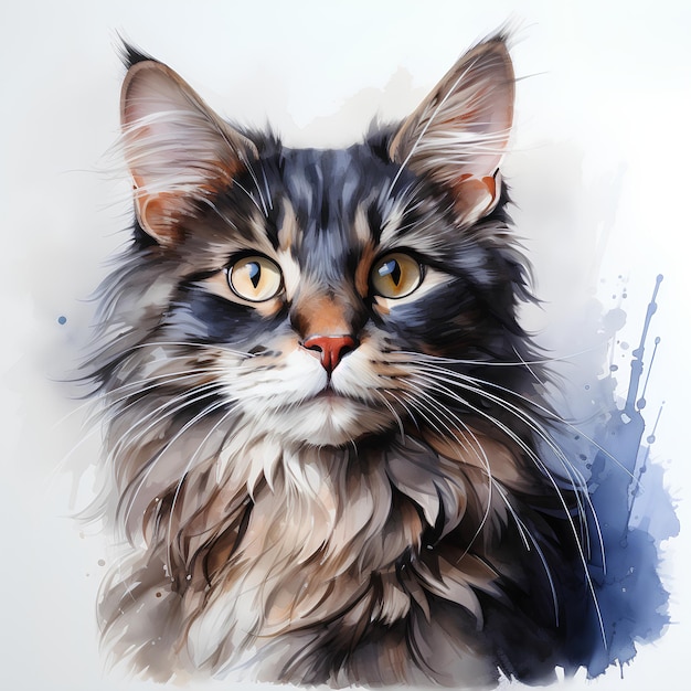 Fluffy cat Cute pet Realistic watercolor