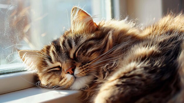 A Fluffy Cat Enjoys a Sunlit Moment on a Cozy Windowsill with Relaxed Eyes and Glowing Fur