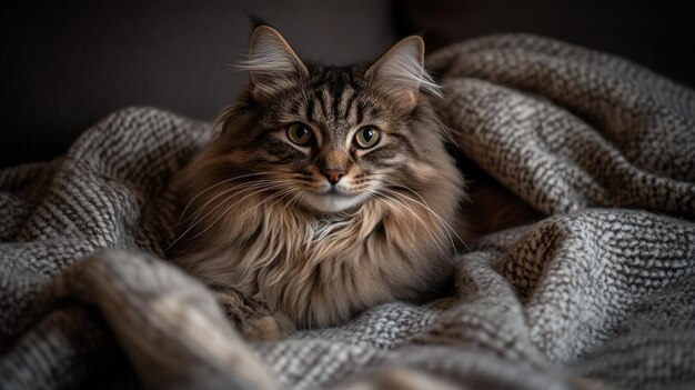 A fluffy cat resting on a cozy blanket showcasing its striking features and calm demeanor