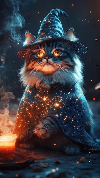 a fluffy cat wearing a wizard hat and a cloak covered in glowing constellations sitting beside a bubbling potion under a starry sky chaos 10 ar 916 v 61 Job ID b88a77fea34240f88971883f95626774