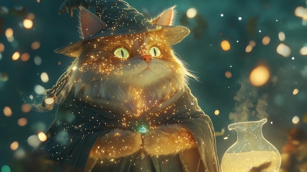 A fluffy cat wearing a wizard hat and cloak sits beside a bubbling potion beneath a starry sky