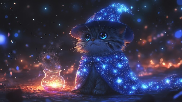 A fluffy cat wears a wizard hat and a cloak watching a bubbling potion beneath stars