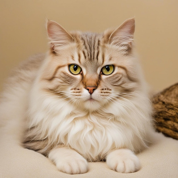 a fluffy cat with green eyes is laying on a white surface