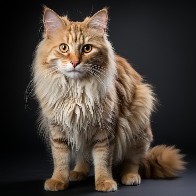 a fluffy cat with long fur is sitting on a black background