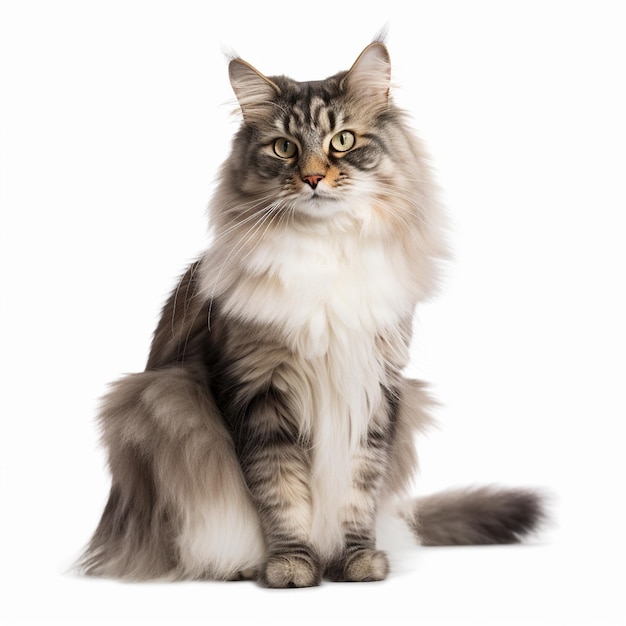 A fluffy cat with a long tail sits on a white background