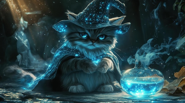 A fluffy cat in a wizard outfit gazes at a bubbling potion beneath twinkling stars