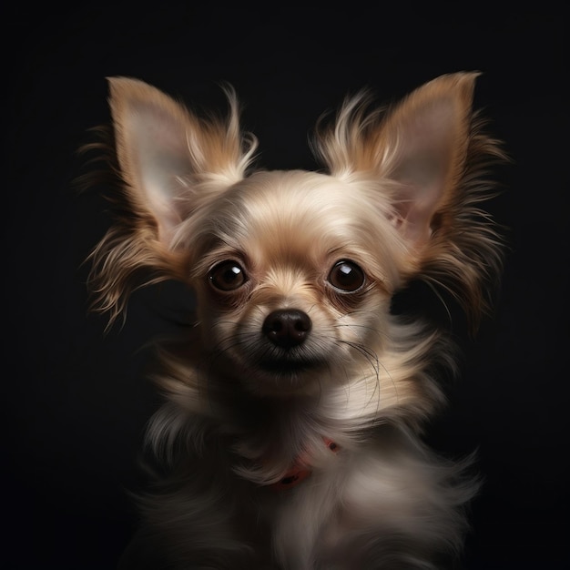 Fluffy chihuahua dog posing on a black background Studio portrait of a small beige dog