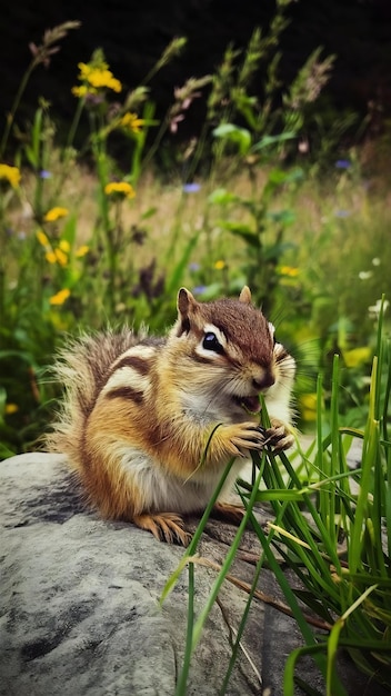 Photo fluffy chipmunk sitting on rock eating grass