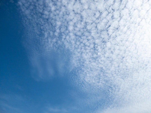 The fluffy clouds are floating on the clear blue sky