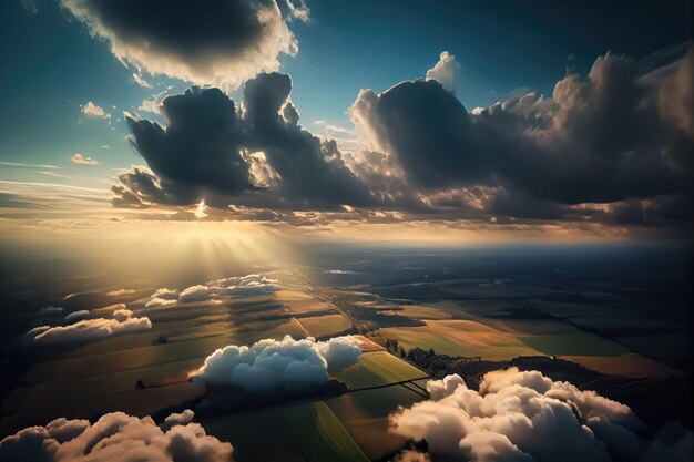 Fluffy clouds over fields and meadows Aerial drone view Generative AI Art Beaut