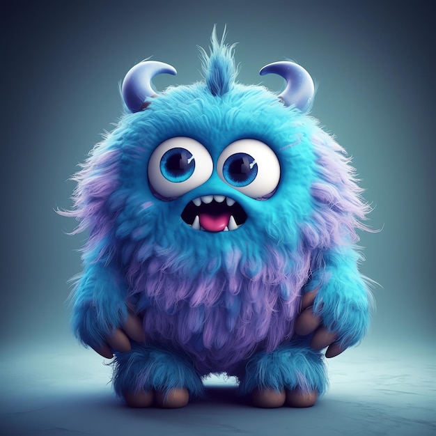 fluffy cute cartoon alien monster with big eyes and sharp teeth