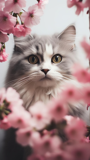 a fluffy and cute little cat in the countryside with flowers kitten in a field anime