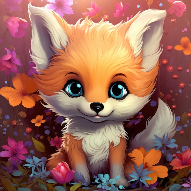 Fluffy cute little fox in a flower meadow