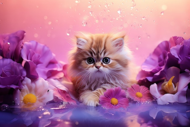 Fluffy cute puddle holding bouquet in colorful flower isolated warm background