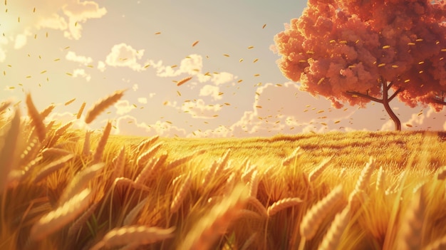 A fluffy delicate wheat field is fluttering in the wind with an orange large tree behind