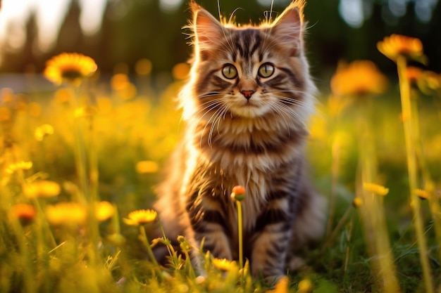 A fluffy dirty homeless red cat sits relax in a garden near blooming spring flowers Clear weather the animal enjoys Shallow depths of the field Generative AI