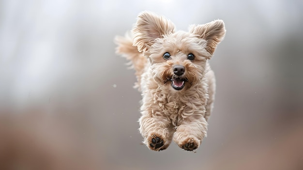 Photo fluffy dog flying through the air looking at the camera fun and playful pet moment