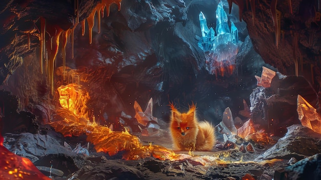 A fluffy fox in a fiery cave