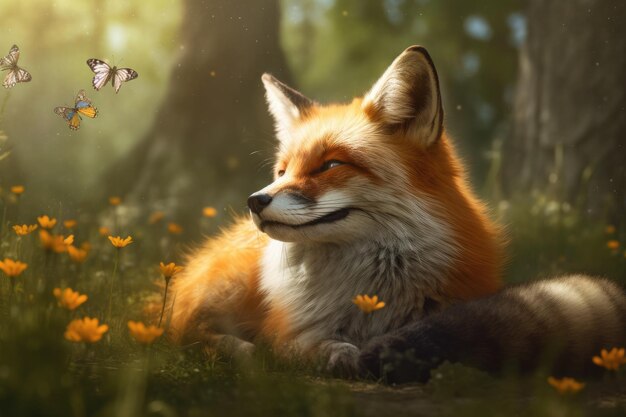 Fluffy fox rests in lush nature generative IA