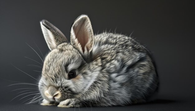 Photo a fluffy gray rabbit resting quietly on a dark surface in a calm indoor setting