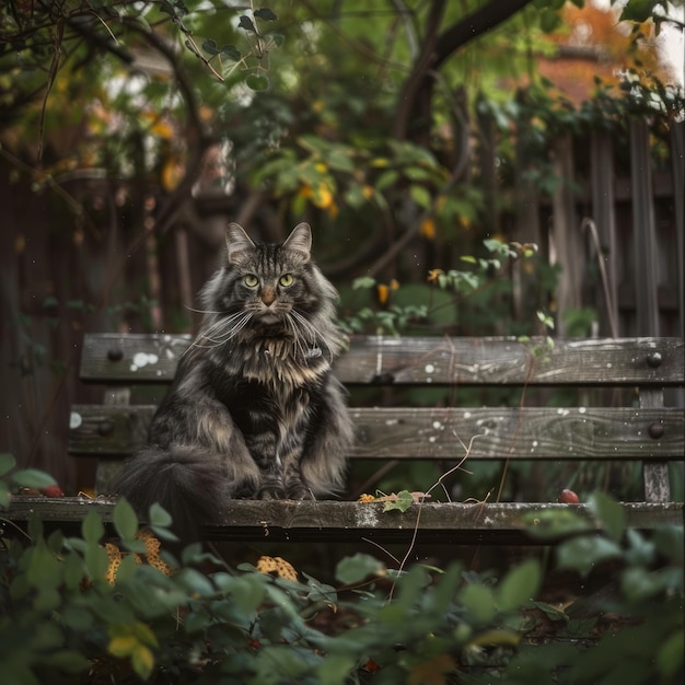 Photo a fluffy grey cat sits on a wooden bench in a garden setting