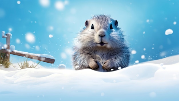 Fluffy groundhog on the snow amidst a winter landscape snowfall The concept of a winter animal or Groundhog Day symbol