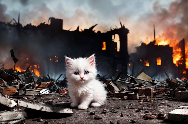 Fluffy kitten on background of ruined city after war Generative AI