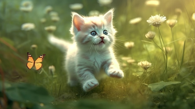 A fluffy kitten chasing a butterfly AI generated